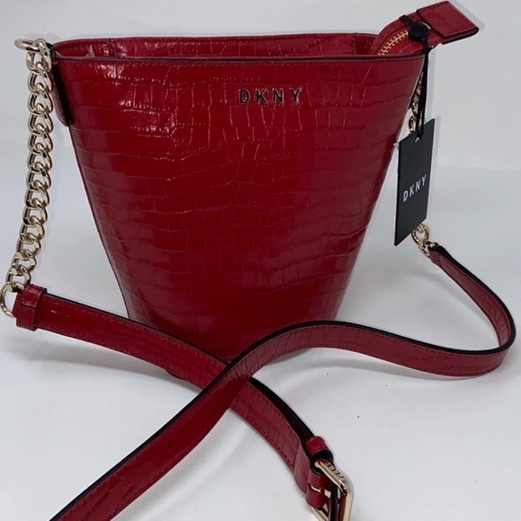 DKNY Red Croc-Embossed Leather Bucket Bag Shoulder or Crossbody NWT - Picture 8 of 8